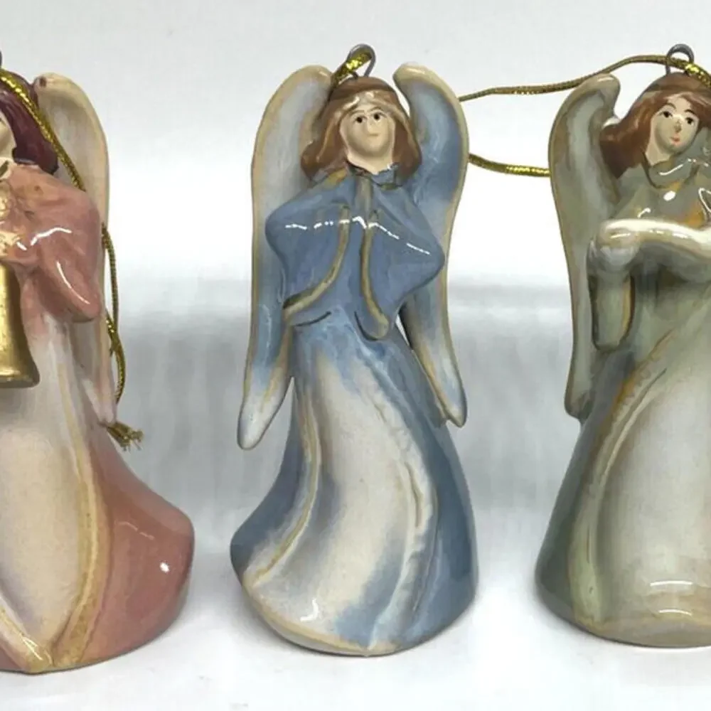 Angel Bell Glazed Ceramic Christmas Ornaments‎ Hand Painted Set of 3